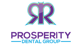 The image shows a logo with the text 'Prosperity Dental Group' and includes a graphic element resembling a leaf or flower, predominantly in shades of purple and blue.
